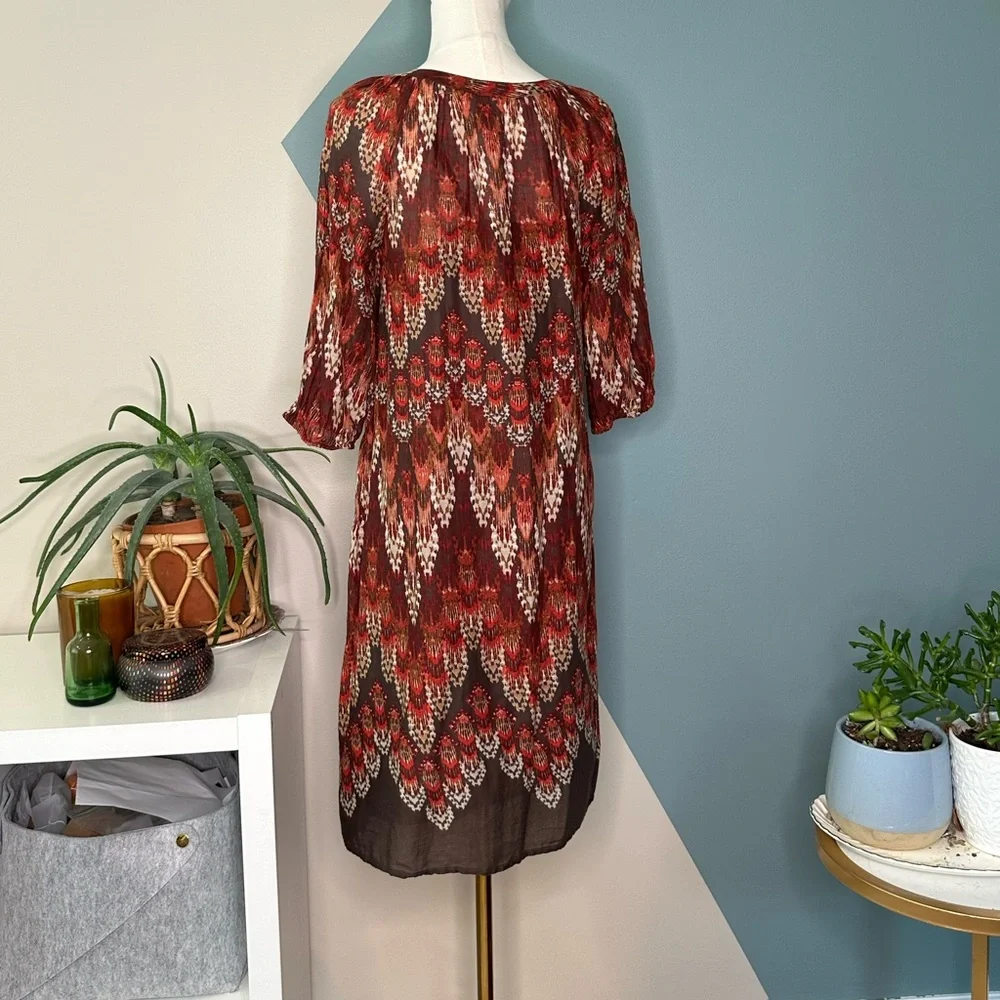 Sonoma Life + Style Boho Ikat Print Cotton Tunic Dress Red Brown 3/4 Sleeve Sz S - Picture 5 of 12